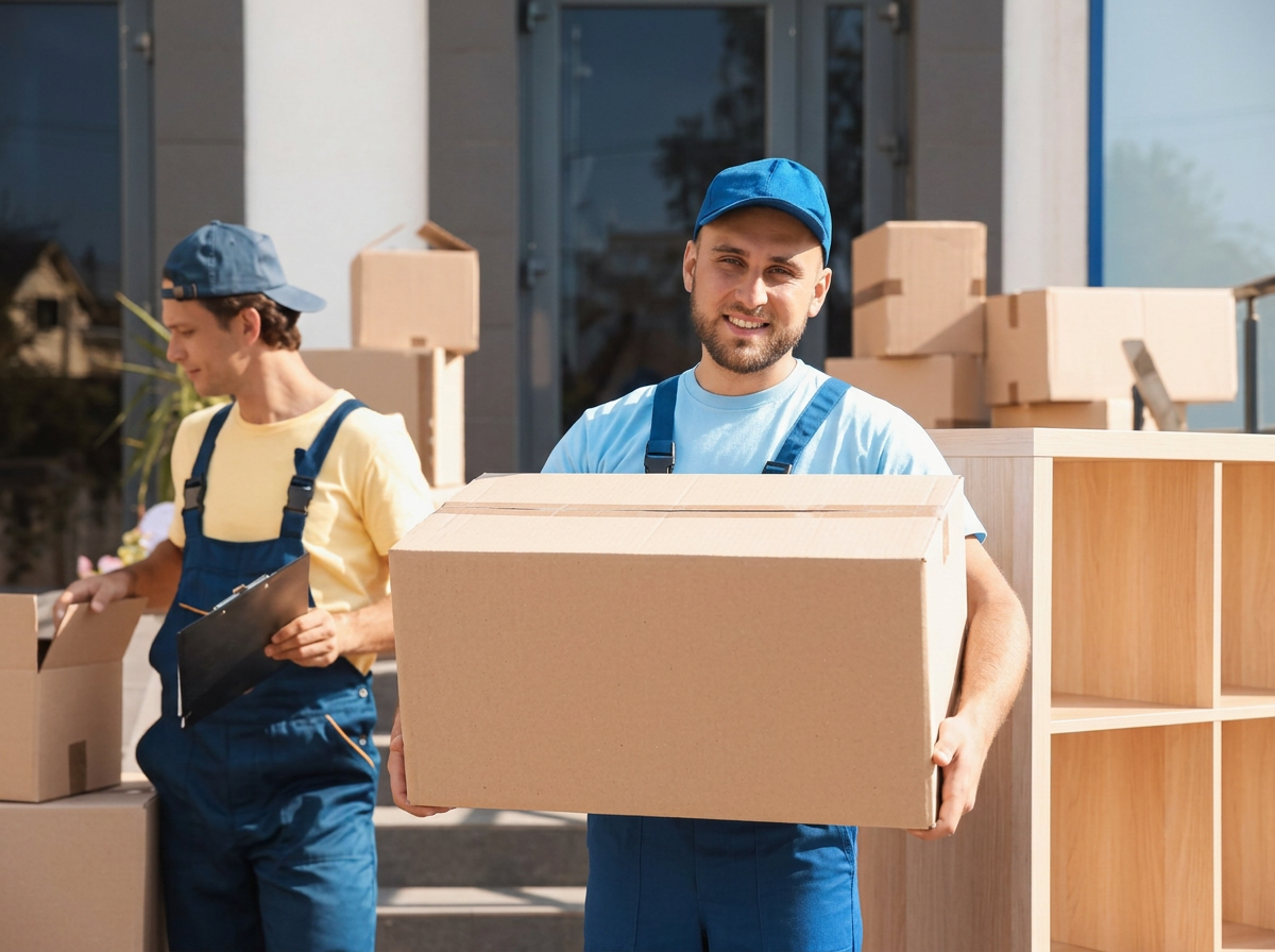 Pareja feliz con cajas de mudanza en su nuevo hogar